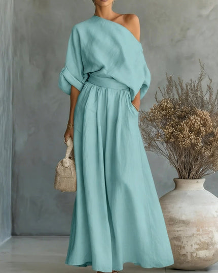 Women's One-Shoulder Linen-Look Top and Maxi Skirt Set
