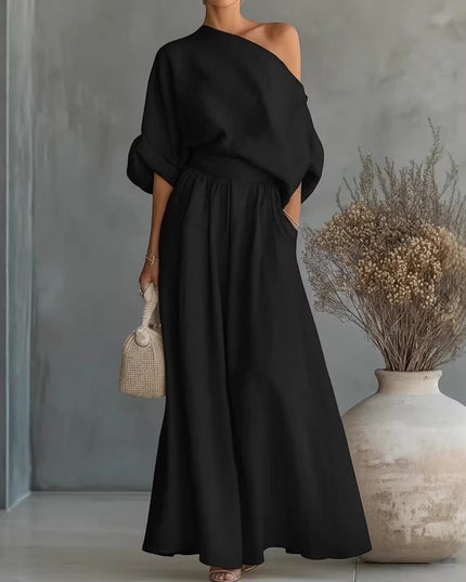 Women's One-Shoulder Linen-Look Top and Maxi Skirt Set