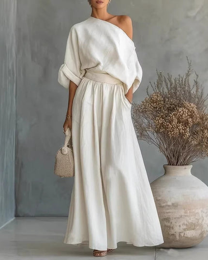 Women's One-Shoulder Linen-Look Top and Maxi Skirt Set