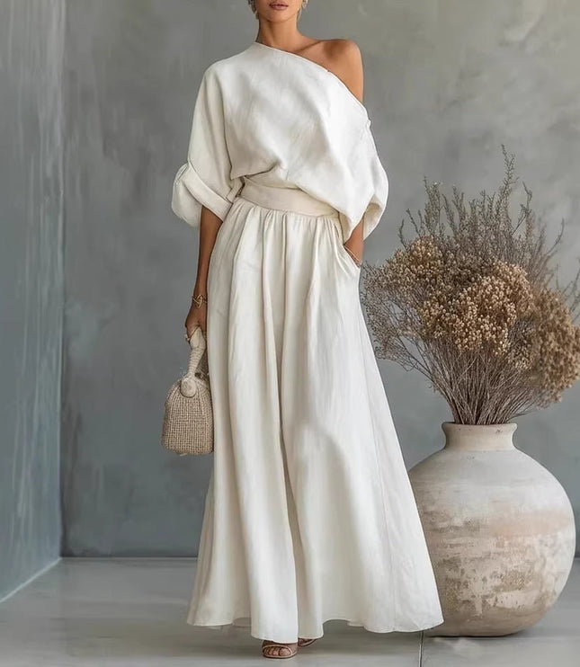 Women's One-Shoulder Linen-Look Top and Maxi Skirt Set