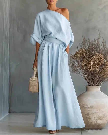 Women's One-Shoulder Linen-Look Top and Maxi Skirt Set