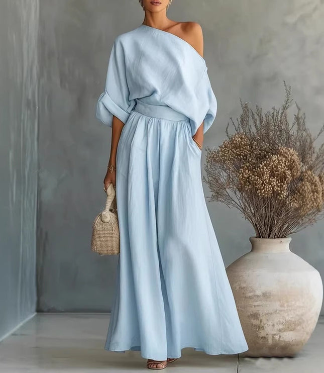 Women's One-Shoulder Linen-Look Top and Maxi Skirt Set