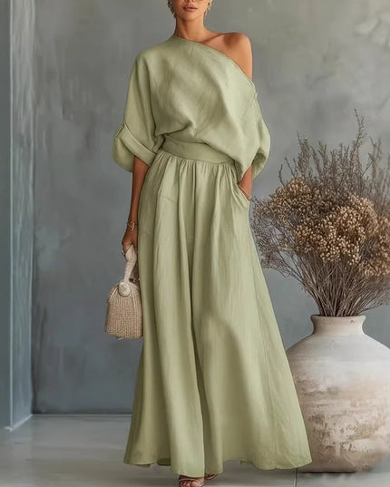 Women's One-Shoulder Linen-Look Top and Maxi Skirt Set