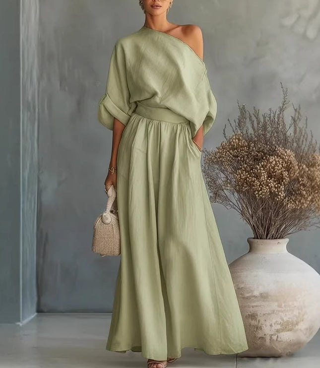 Women's One-Shoulder Linen-Look Top and Maxi Skirt Set