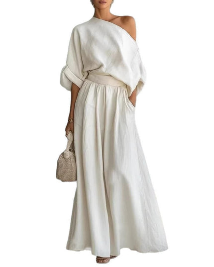 Women's One-Shoulder Linen-Look Top and Maxi Skirt Set