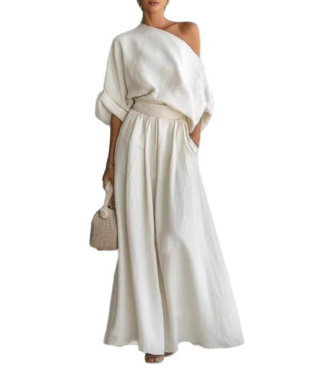 Women's One-Shoulder Linen-Look Top and Maxi Skirt Set