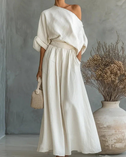 Women's One-Shoulder Linen-Look Top and Maxi Skirt Set