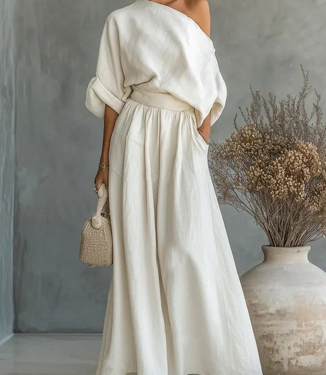 Women's One-Shoulder Linen-Look Top and Maxi Skirt Set