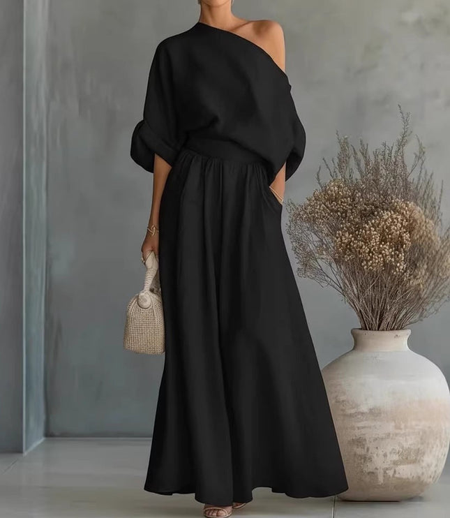 Women's One-Shoulder Linen-Look Top and Maxi Skirt Set