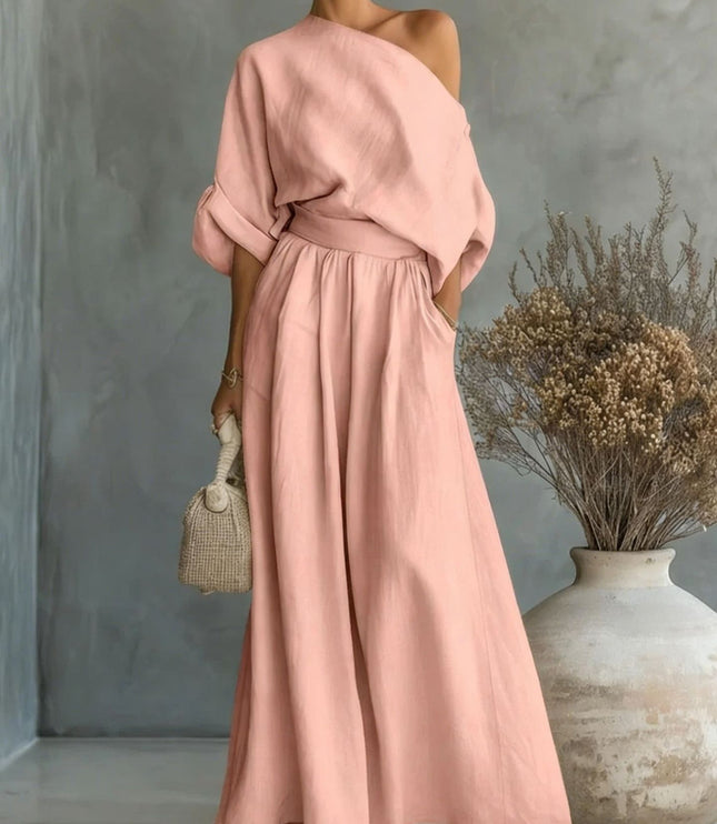 Women's One-Shoulder Linen-Look Top and Maxi Skirt Set