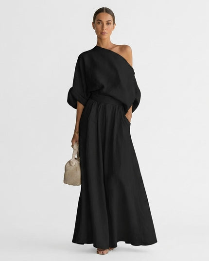 Women's One-Shoulder Linen-Look Top and Maxi Skirt Set