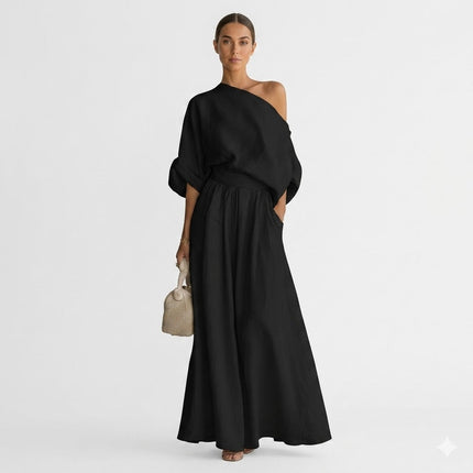 Women's One-Shoulder Linen-Look Top and Maxi Skirt Set