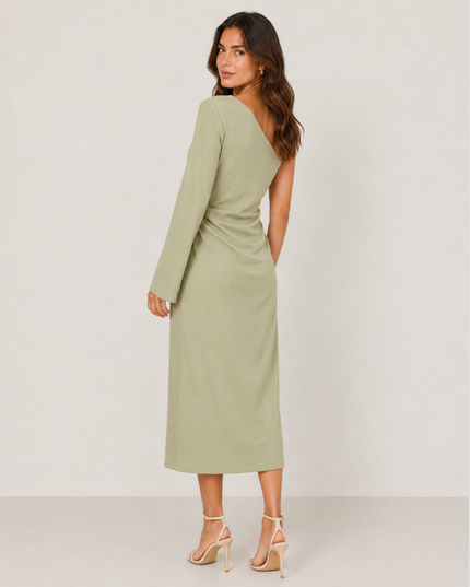 Women's One-Shoulder Ruched Midi Dress with Side Slit
