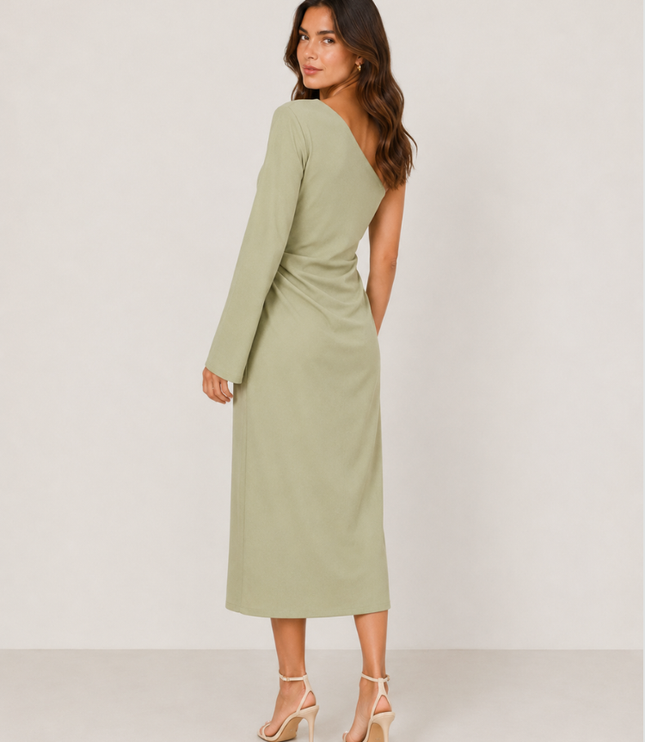 Women's One-Shoulder Ruched Midi Dress with Side Slit