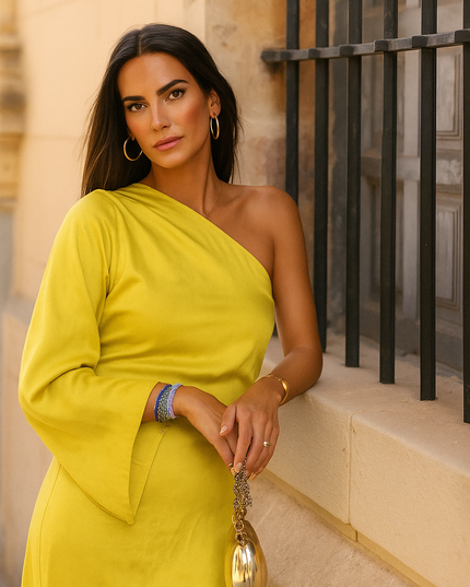 Women's One-Shoulder Ruched Midi Dress with Side Slit