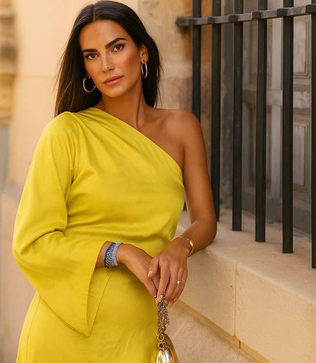 Women's One-Shoulder Ruched Midi Dress with Side Slit