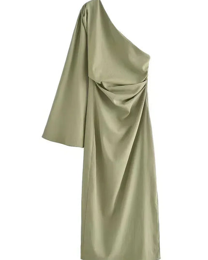 Women's One-Shoulder Ruched Midi Dress with Side Slit