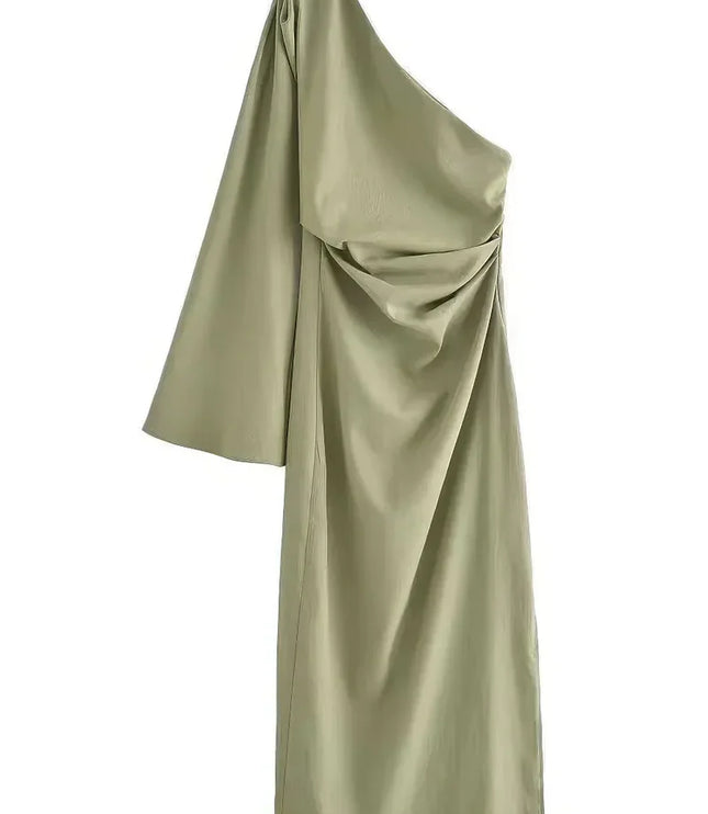 Women's One-Shoulder Ruched Midi Dress with Side Slit