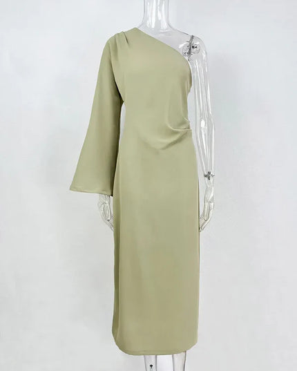 Women's One-Shoulder Ruched Midi Dress with Side Slit