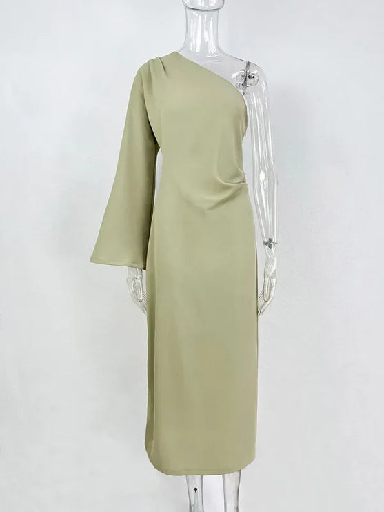 Women's One-Shoulder Ruched Midi Dress with Side Slit