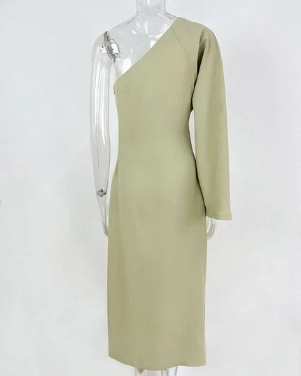 Women's One-Shoulder Ruched Midi Dress with Side Slit