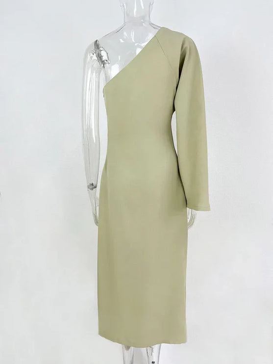 Women's One-Shoulder Ruched Midi Dress with Side Slit