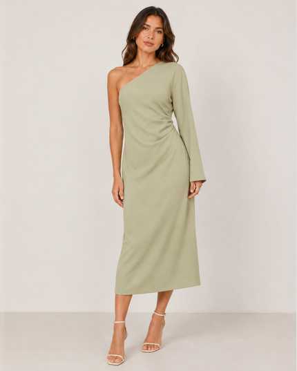 Women's One-Shoulder Ruched Midi Dress with Side Slit
