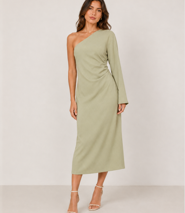 Women's One-Shoulder Ruched Midi Dress with Side Slit