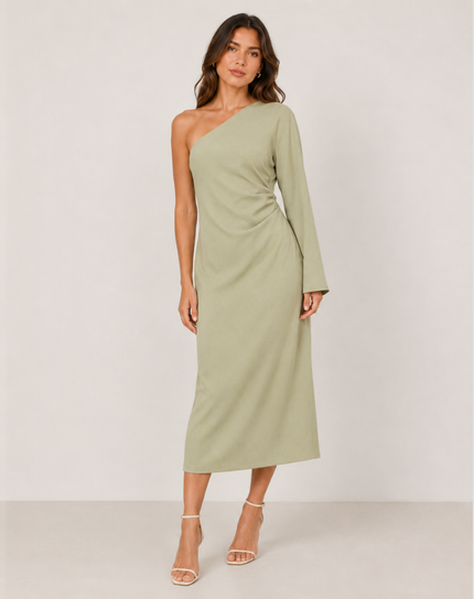 Women's One-Shoulder Ruched Midi Dress with Side Slit
