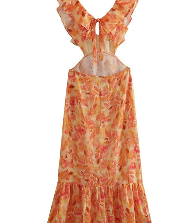 Women's Orange Floral Maxi Wedding Guest Dress, Summer