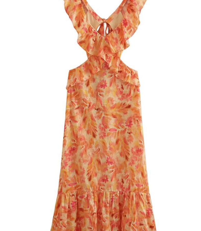 Women's Orange Floral Maxi Wedding Guest Dress, Summer
