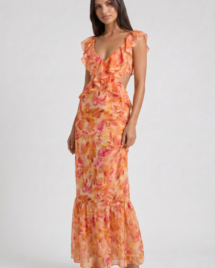 Women's Orange Floral Maxi Wedding Guest Dress, Summer