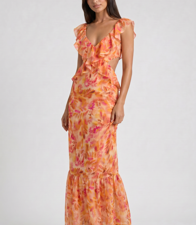 Women's Orange Floral Maxi Wedding Guest Dress, Summer