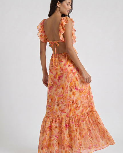 Women's Orange Floral Maxi Wedding Guest Dress, Summer