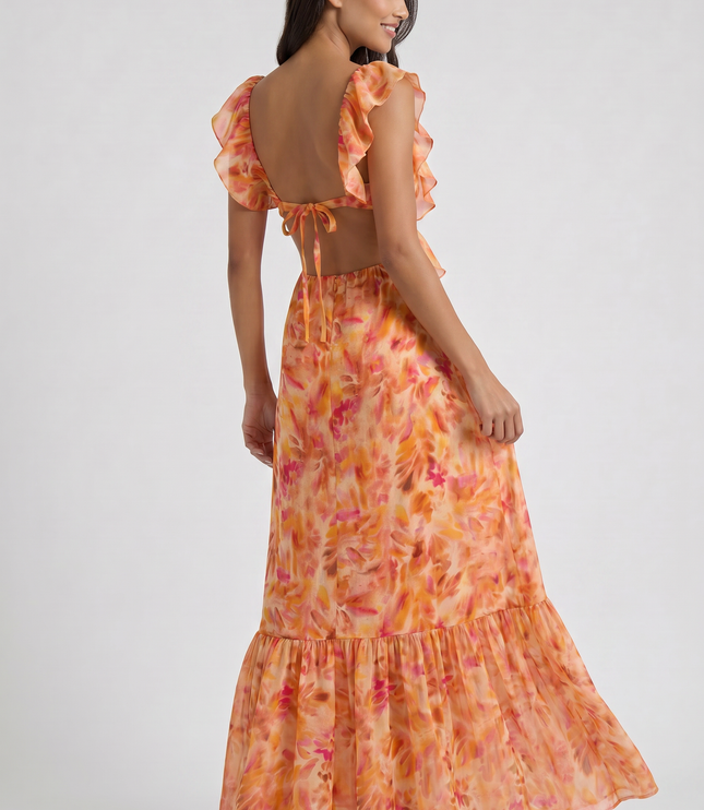 Women's Orange Floral Maxi Wedding Guest Dress, Summer