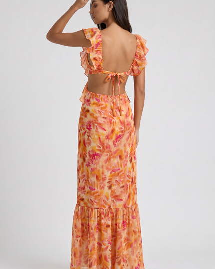 Women's Orange Floral Maxi Wedding Guest Dress, Summer