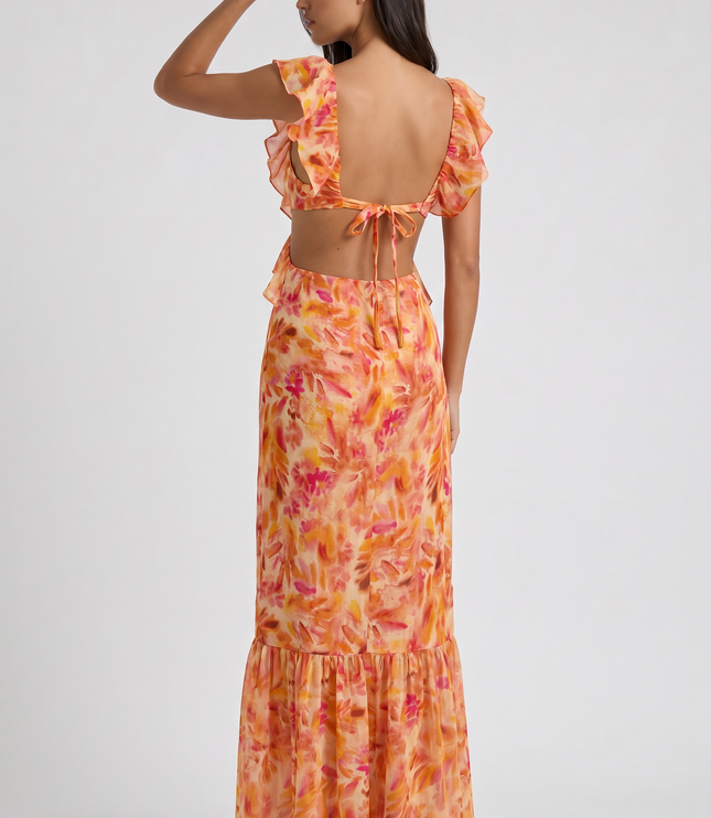 Women's Orange Floral Maxi Wedding Guest Dress, Summer