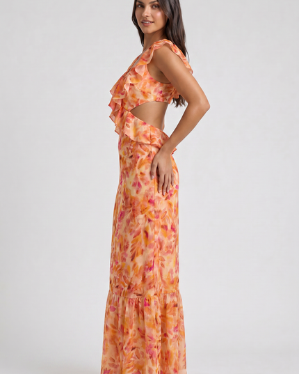 Women's Orange Floral Maxi Wedding Guest Dress, Summer