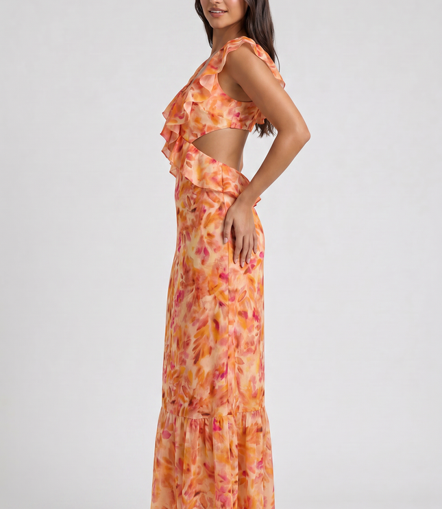 Women's Orange Floral Maxi Wedding Guest Dress, Summer