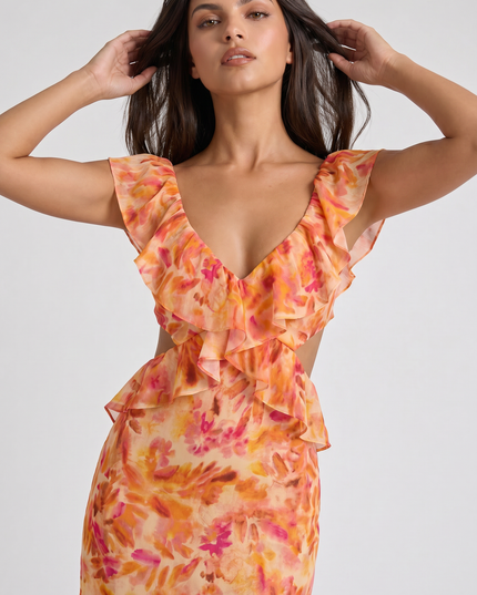 Women's Orange Floral Maxi Wedding Guest Dress, Summer