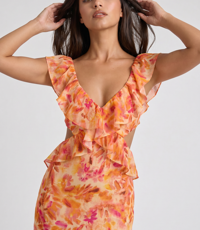 Women's Orange Floral Maxi Wedding Guest Dress, Summer