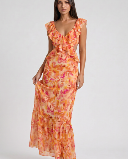 Women's Orange Floral Maxi Wedding Guest Dress, Summer