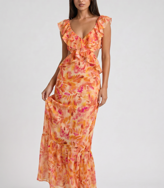 Women's Orange Floral Maxi Wedding Guest Dress, Summer