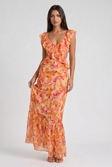 Women's Orange Floral Maxi Wedding Guest Dress, Summer