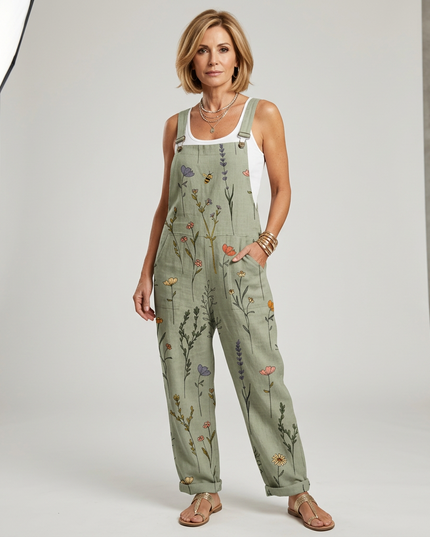 Women's Overall Jumpsuit in Botanical Print with Patch Pockets