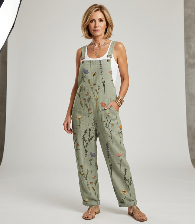 Women's Overall Jumpsuit in Botanical Print with Patch Pockets