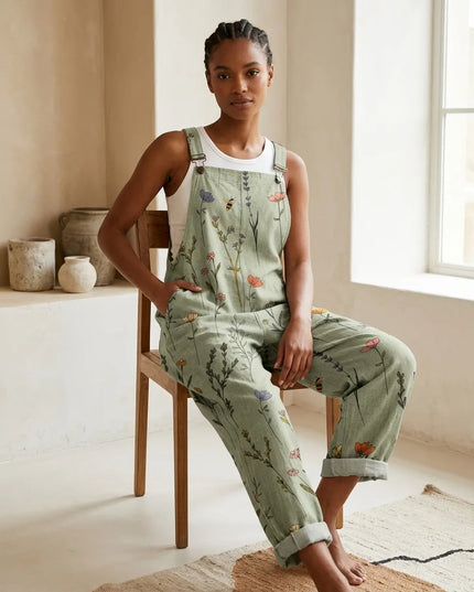 Women's Overall Jumpsuit in Botanical Print with Patch Pockets