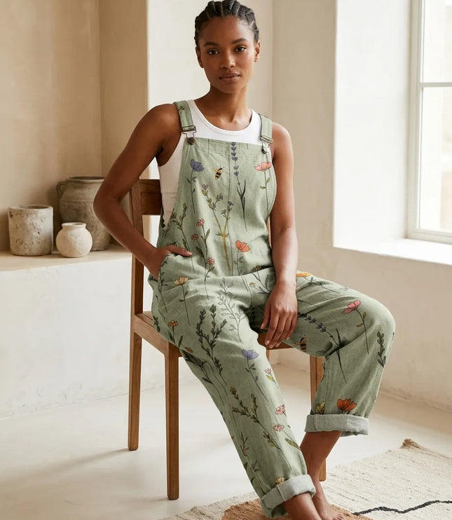 Women's Overall Jumpsuit in Botanical Print with Patch Pockets