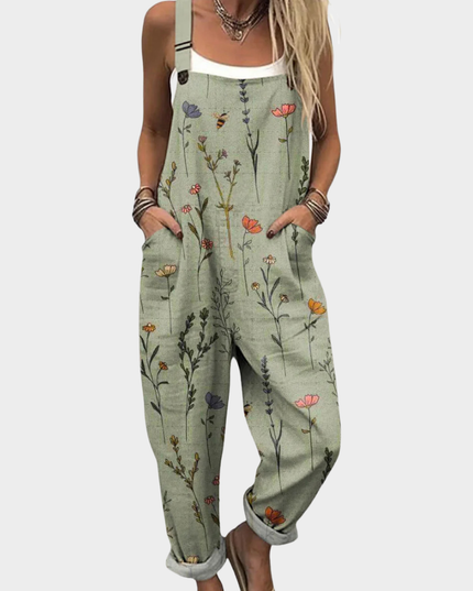 Women's Overall Jumpsuit in Botanical Print with Patch Pockets