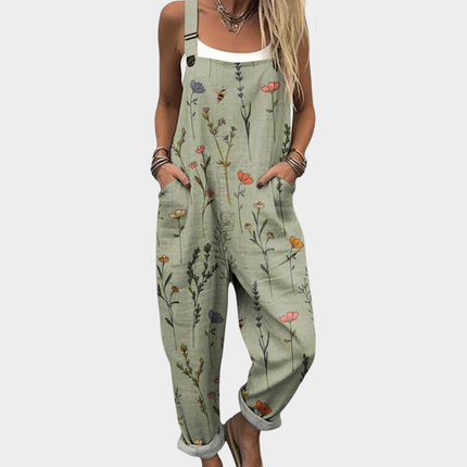 Women's Overall Jumpsuit in Botanical Print with Patch Pockets